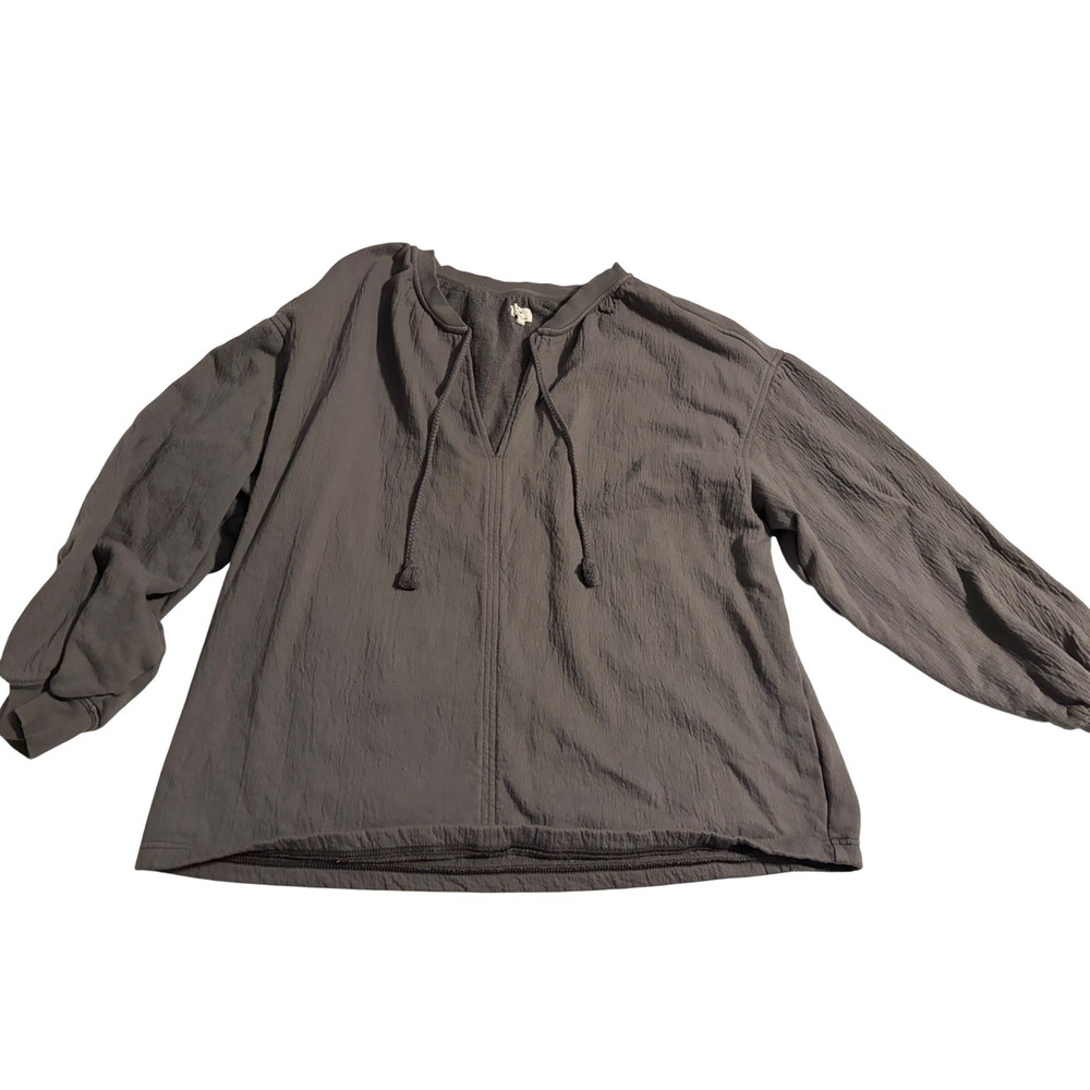 Aerie Gauze Fleece Pullover Boho Gray V-Neck Tassel Tie Large